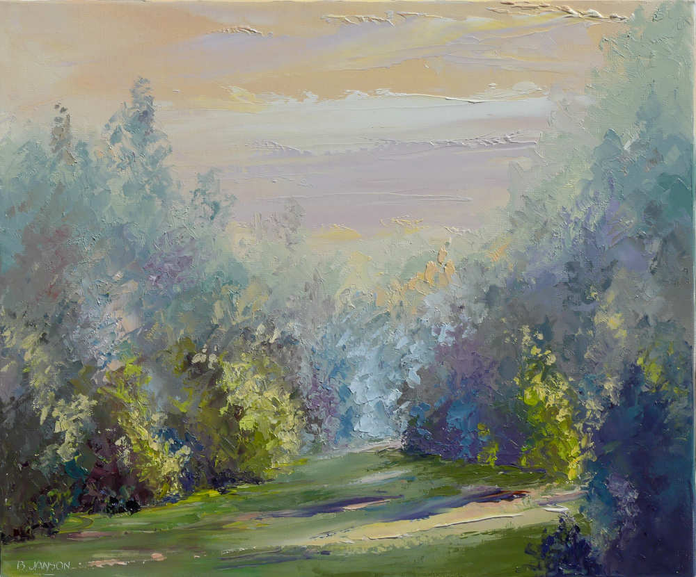 huile moderne sur toile au couteau montrant une vue matinale brumeuse d'un chemin en forêt